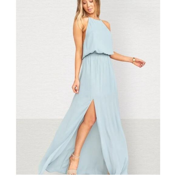 Show Me Your Mumu Heather Halter Slit Maxi Dress Silver Sage Crisp Green, XXS - Picture 1 of 14